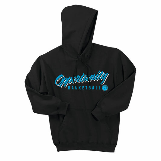 Black Gildan Hooded Sweatshirt: Blue/White Imprint