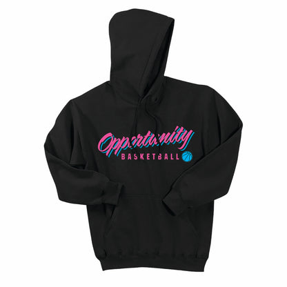 Black Gildan Hooded Sweatshirt: Pink/Blue Imprint