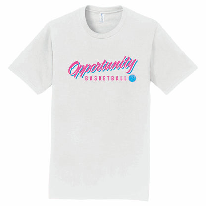 White Next Level T-Shirt: Pink/Blue Imprint